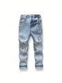 Young Boys' Casual & Fashionable Distressed Water Washed Slim Fit Jeans, All Seasons