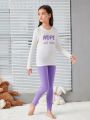 SHEIN Kids Nujoom Tween Girl Letter Graphic Tee & Pants PJ Set