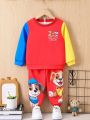 SHEIN Kids QTFun Young Boys' Cartoon Printed Color-Block Sweatshirt And Pants Set