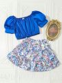 Baby Girl Elegant & Comfortable Bohemian Style Short Puff Sleeve Top And A-Line Skirt With Paisley Print Set