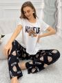 Women'S Cartoon Bear Sleepwear Set With Short Sleeve Top And Long Pants