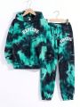 SHEIN Kids HYPEME Boys' Leisure Korean Style Sweat Dyeing Letter Print Hooded Loose Top And Trouser Knitted Two-piece