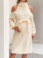 SHEIN Maternity High Neck Hollow Out Shoulder Belted Sweater Dress