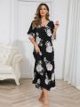 Floral Print Contrast Lace Batwing Sleeve Sleep Dress