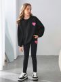 SHEIN Kids HYPEME Tween Girl Heart & Slogan Graphic Drop Shoulder Pullover & Leggings