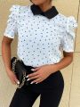 SHEIN Mulvari Heart Pattern Patchwork Collar Puff Sleeve Shirt