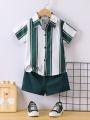 SHEIN Toddler Boys' Striped Color Block Shirt And Shorts Two-Piece Set