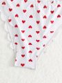 SHEIN Swim Mod Women's Heart Pattern Front Tie Bandeau Bikini Set