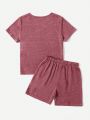 SHEIN Kids EVRYDAY Toddler Boys' Casual Comfortable Letter & Plaid Pattern Short Sleeve T-Shirt And Shorts Set