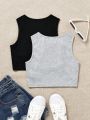 SHEIN Kids EVRYDAY 2pcs/Set Knitted Crop Top Vest For Tween Girls' Casual Outfits