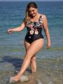 SHEIN Swim Classy Plus Size One-piece Swimsuit With Flower Pattern