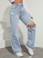 SHEIN High Waist Ripped Straight Leg Jeans