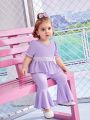 2pcs Baby Girl Spring/Summer Outfit Purple Bow-Knot Round Neck Top And Pants