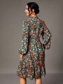 SHEIN Tall Floral Print Notched Neckline Long Sleeve Dress