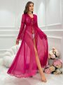 Lace Splicing Mesh Perspective Open Front Tie-Waist Nightgown