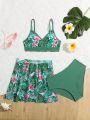 Tween Girls' Plant Printed Cross Halter Swimsuit Set