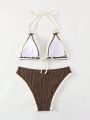 SHEIN Swim Vcay Patchwork Edge Halter Triangle Bikini Set