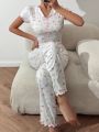 Women's Floral Print Pajama Set With Colorblocked Details