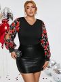 SHEIN SXY Plus Size Flower Printed Patchwork Bodysuit