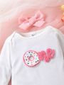 Baby Girls' Donut Applique Jumpsuit With Colorful Dots Mesh Half Skirt, Bow Hairband, Spring/Summer, Fashionable, Comfortable, Cute, Sweet And Romantic