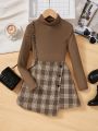 SHEIN Kids FANZEY Tween Girls' Knitted Solid Color Sweater With Stand Collar And Woven Plaid Half-Skirt Suit