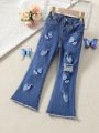 Young Girls' Butterfly Print Distressed Flared Jeans