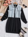 Teenage Girls' Denim Vest & Solid Color Hoodie Set