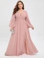 Plus Plunging Neck Lantern Sleeve Split Thigh Bridesmaid Dress