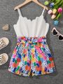 SHEIN Kids HYPEME Tween Girls' Urban Style Printed Splicing Strap Romper Shorts For Spring/Summer