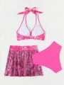 3pcs/Set Women's Tie-Dye Halter Neck Swimsuit With Beach Skirt And Shorts