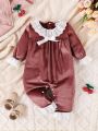 Baby Girl Contrast Eyelet Embroidery Ruffle Trim Flounce Sleeve Bow Front Velvet Jumpsuit