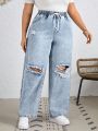 SHEIN LUNE Plus Size Drawstring Waist Ripped Washed Denim Pants