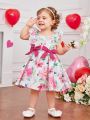 SHEIN Baby Girls' Casual Floral Pattern Dress With Bowknot & Ruffle Hem