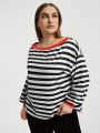 SHEIN Essnce Women's Plus Size Striped Lantern Sleeve T-shirt