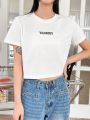 DAZY Women's Short Sleeve Crop Top With Letter Print