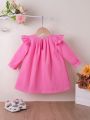 Baby Girls' Solid Color Long Sleeve Ruffle Trim Pleated Dress