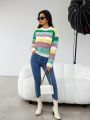 SHEIN Essnce Women's Round Neck Striped Loose Fit Pullover Sweater