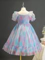 Girls' (Big) Tie-Dye Tulle Bubble Sleeve Party Dress