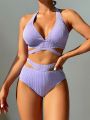 SHEIN Swim Basics Women's Solid Color Textured Swimsuit Set