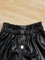 SHEIN Kids FANZEY Young Girl Paperbag Waist Button Detail PU Leather Shorts