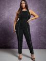 Asavvy Plus Contrast Piping Ruched Unitard Jumpsuit