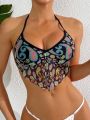 Women'S Backless Halter Neck Crop Top In Cashew Flower Print Swimsuit