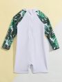 Infant Boys' Long Sleeve One-piece Swimsuit With Plant Pattern