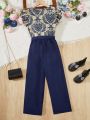 SHEIN Kids FANZEY Girls' Elegant Printed Shirt And Pants Set