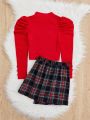 SHEIN Kids Cooltwn Tween Girl Mock Neck Gigot Sleeve Tee & Plaid Print Asymmetrical Hem Skirt