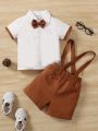 Baby Boy Butterfly Bow Decorated Short Sleeve Shirt And Overalls Shorts Casual Outfits