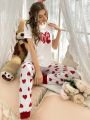 Heart Print Short Sleeve T-Shirt & Pants Home Suit