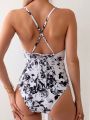 SHEIN Swim Vcay Women'S One-Piece Swimsuit With Floral Print, Twisted Knot And Hollow Out Design