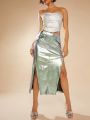 Asavvy Zipper Split Thigh Metallic Skirt