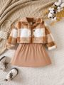 Baby Girls' Plaid Corduroy Short Jacket With Suspender Dress, Autumn